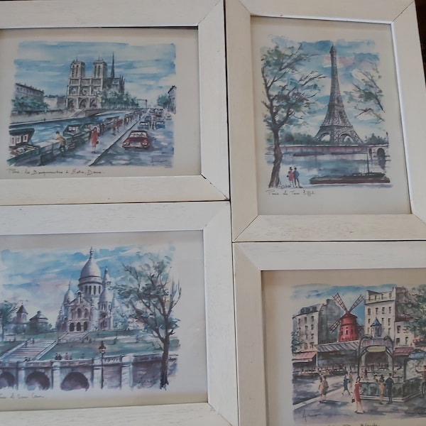 Iconic Vintage PARIS Street Art Scenes Moulin Rouge La Seine Notre Dame La Eiffel Tour Watercolor Lithograph Prints Framed Glazed ARNO ExC