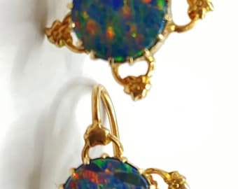 Antique Art Nouveau Rich 9ct Yellow Gold Opal Doublet Earrings Vintage Beautiful Scalloped Gallery & Single Floral Arches French Screw Posts