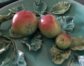 RARE Set Two 1800’s FRENCH Large Majolica Pear & Apple Turquoise Blue Green Platters Rosy Apples Pears Boughs and Leaves High Relief 28cm D