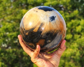 Rare Jasper Sphere, Black Yellow Inclusion Stone Premium Quality Crystal Sphere for Metaphysical Decor