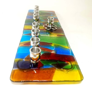 Koscher Glas Menora - Chanukka Geschenk - Großes Chanukkiah Regenbogen Farben Modernes Mosaik. Judäische Kunst Handgemacht Made in Israel