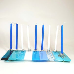 Glass Kosher Menorah. Hannukah Gift Kosher  Large Hanukkiah blue and white stripes Modern Blue Sea Style Judaica Art Handmade Made in Israel