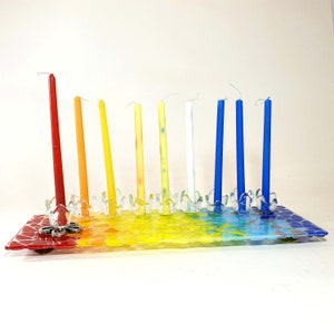 Kosher Glass Menorah - Hannukah Gift - Large Hanukkiah Rainbow Colors Modern Mosaic. Judaica Art Hand Made Made in Israel