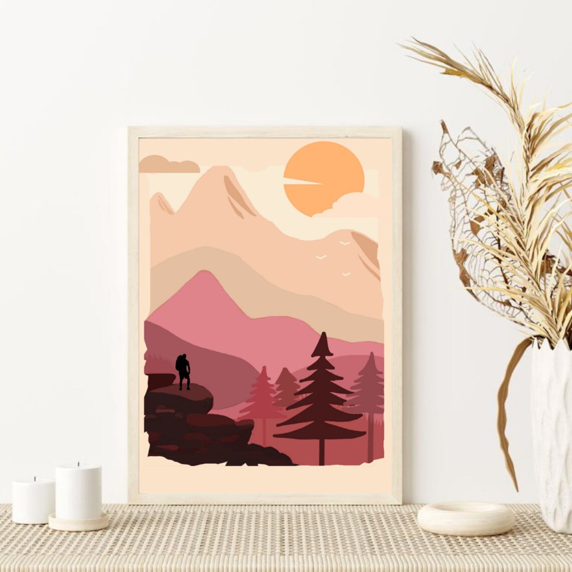 Boho Decor Minimalist Mountain Wall Art Blue Landscape Etsy