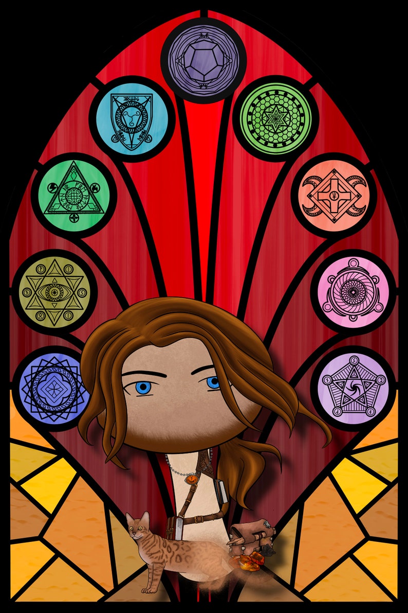 Puede incluir: Una ilustraci&oacute;n de dibujos animados de una persona con cabello casta&ntilde;o y ojos azules que lleva un chaleco de cuero y sostiene un libro. La persona est&aacute; de pie frente a una ventana de vitrales con dise&ntilde;os geom&eacute;tricos en varios colores. Un gato marr&oacute;n y negro est&aacute; sentado junto a la persona.