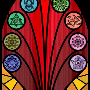 Puede incluir: Una ventana de vitrales con un fondo rojo y una serie de c&iacute;rculos coloridos que contienen dise&ntilde;os geom&eacute;tricos. Los c&iacute;rculos est&aacute;n dispuestos en un patr&oacute;n radial alrededor de un punto central.