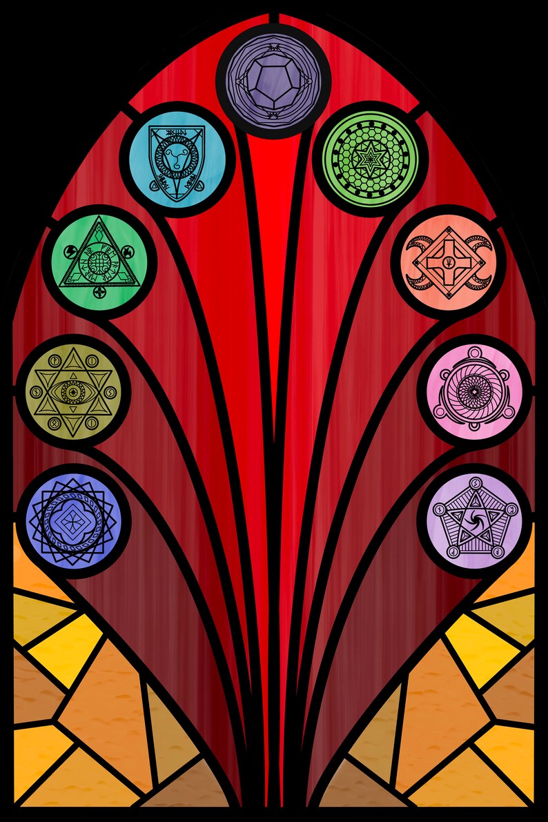 Puede incluir: Una ventana de vitrales con un fondo rojo y una serie de c&iacute;rculos coloridos que contienen dise&ntilde;os geom&eacute;tricos. Los c&iacute;rculos est&aacute;n dispuestos en un patr&oacute;n radial alrededor de un punto central.