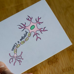 May include: A white card with a pink and green neuron illustration and the text "There's a potential".
