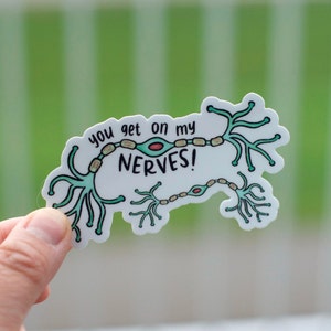 May include: White sticker with a green and gold neuron illustration and the text "You get on my nerves!"