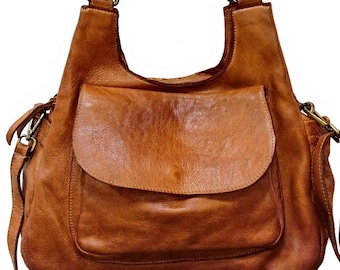 Bolso de hombro en piel suave marrón Monedero Italia Bolso con dos compartimentos