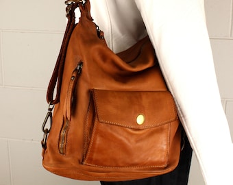 Leather Bag Leather Shoulder Handbag Soft Leather Backpack Made in Italy Brown Totes