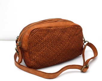 Woven Leather Pouch Soft Leather Bag Sling Bag Two compartments Soft Woven