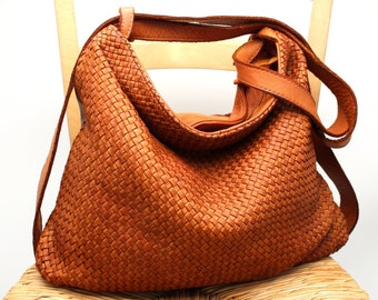 Leather Bag Soft Woven Leather Shoulder Bag Convertible Backpack in Leather Made in Italy