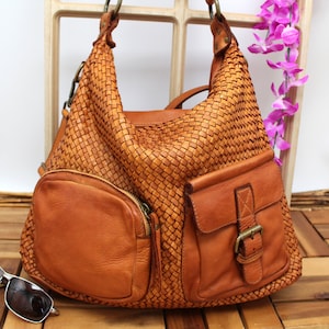 Bolso de mano de piel con bolsillos exteriores Bolso de hombro de piel suave Bolso de piel Italia