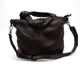 Sac en cuir tressé Sac à bandoulière en cuir souple Sac à main en cuir pour femme Sac fourre-tout souple Sac à main tissé