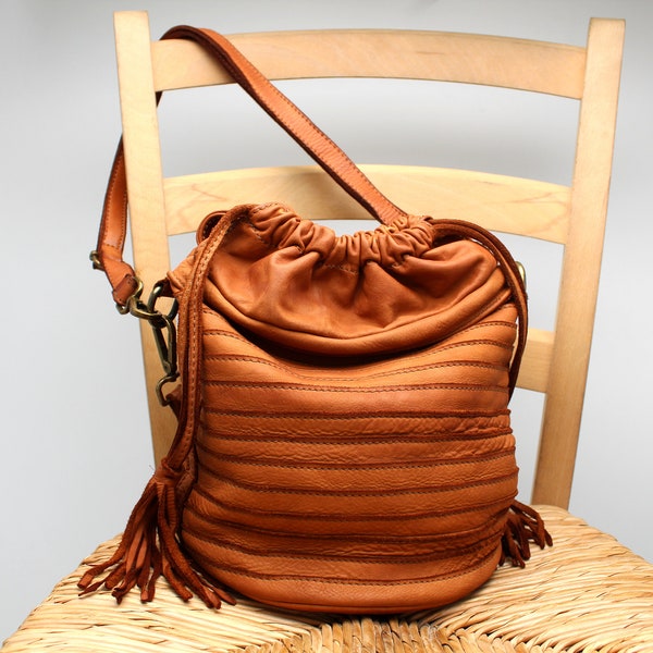 Leather Bag Soft Leather Shoulder Bag Tube Totes Handbag Brown for Women