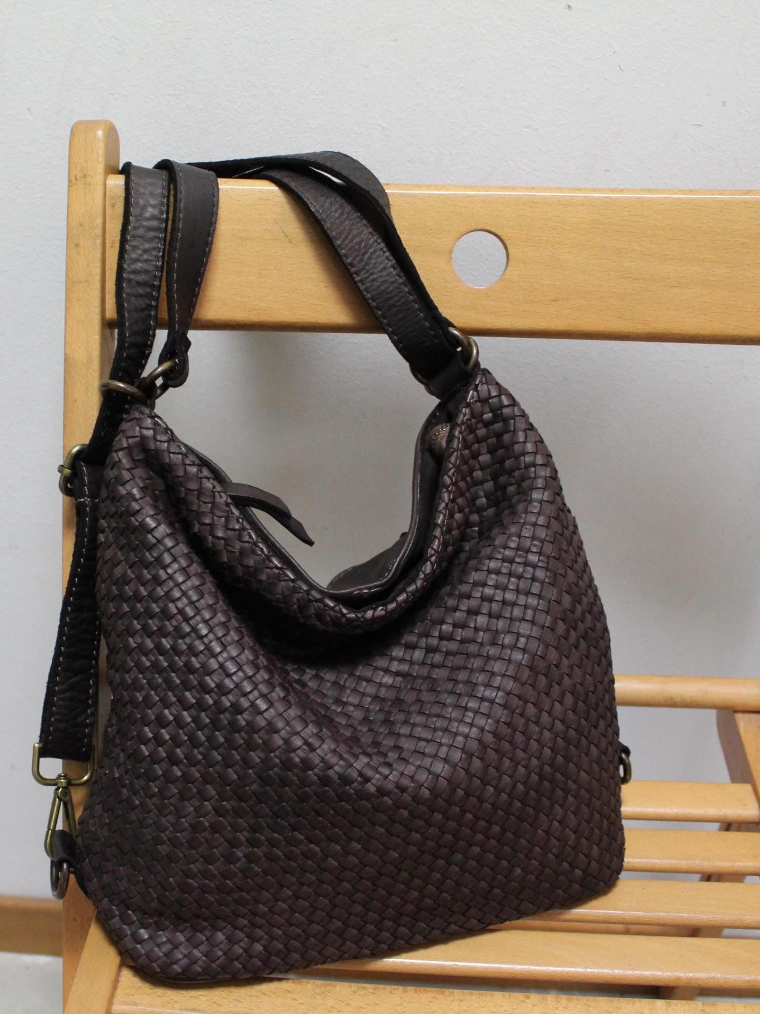 black woven leather backpack Backpack, Small handle and sling carry options Woven Leather Bags Convertible Weave