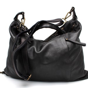 Sac en cuir Hobo en cuir souple Italy Sac à main en cuir Cabas en cuir BLACK