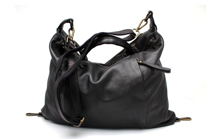 Sac en cuir Hobo en cuir souple Italy Sac à main en cuir Cabas en cuir BLACK