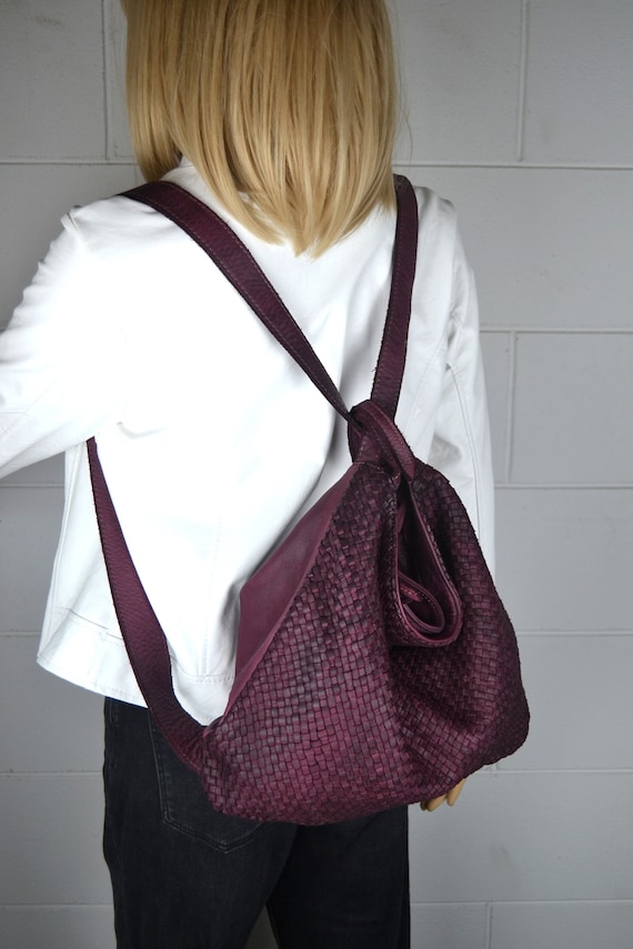 Woven Leather Convertible Shoulder Bag Backpack, Handmade