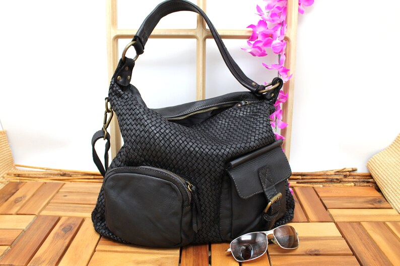 Leather Handbag with external pockets Leather Shoulder bag Etsy