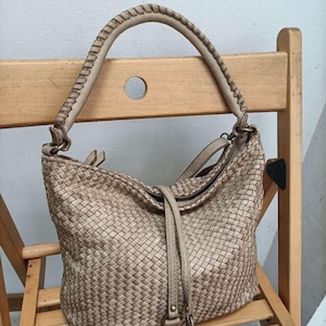 Bolso de hombro de cuero tejido hecho a mano italiano, bolso tote suave