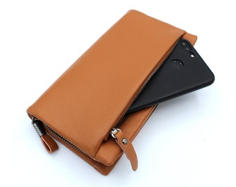 Leather wallet soft wallet leather purse with handle leather hand wallet, mobile phone wallet