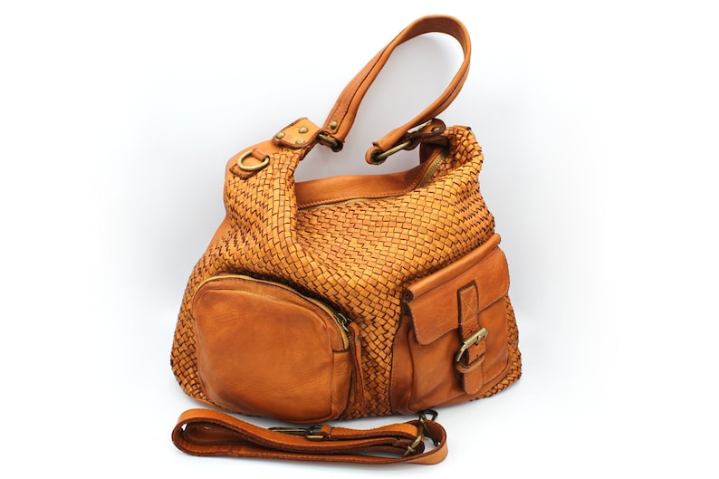 Leather Handbag with external pockets Leather Shoulder bag Etsy