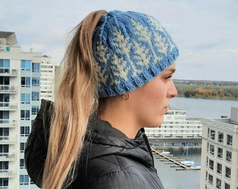 Madi, beanie, pony tail hat, toque, adult, stranded colorwork hat pattern, Fair Isle, beginner pattern, messy bun, womens bobble hat