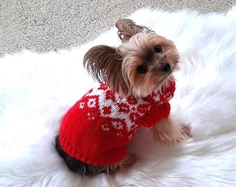 May include: A small, brown and white dog wearing a red knitted jumper with a white snowflake pattern. The dog is sitting on a white fluffy rug.