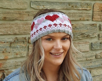 Love Connection, pdf knitting pattern, Valentine's day, adult, teen, hearts, fair isle, icelandic, headband, ear warmer, knittng chart