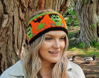 Freaky Frankenstien, knitting pattern, headband, halloween, monster, bats, spiders, womens, fair isle, norwegian, icelandic, seamless