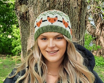 Ginger, hat, knitting pattern, toque, beanie, fall, autumn, fox, leaves, fair isle, norwegian, stranded colorwork, icelandic, women's, teens