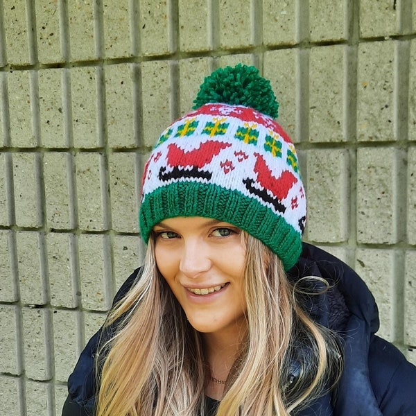 Shay, Christmas hat, knitting pattern, Santa sleigh, presents, adult, icelandic, fair isle, colorworks, beanie, toque, snowflake, circular