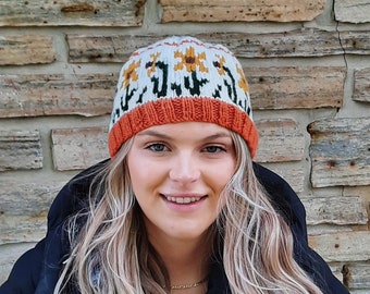 Marisol, beanie, knitting pattern, hat, sunflower, autumn, fall, fair isle, icelandic, norwegian, icelandic, womens, teens, circular needles