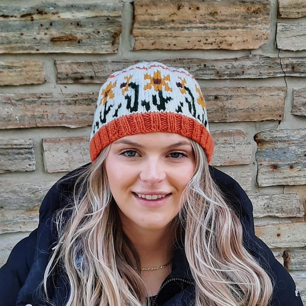 Marisol, beanie, knitting pattern, hat, sunflower, autumn, fall, fair isle, icelandic, norwegian, icelandic, womens, teens, circular needles