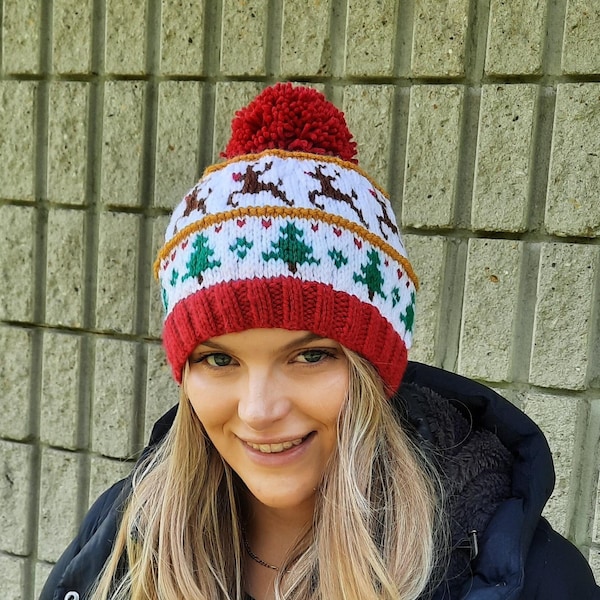 Natalie, Christmas, knitting pattern, reindeer, trees, hat, beanie, toque, womens, fair isle, graph, norwegian, circular needles, icelandic