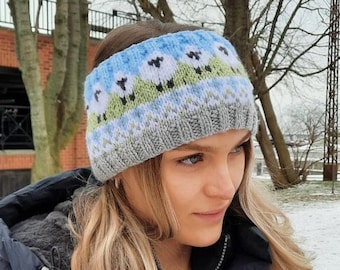 Serena HEADBAND, knittng pattern, Sheep in the Pasture, adult, sheep, animal, messy bun, earwarmer, fair isle, women's, sheep, colorwork