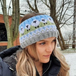 Serena HEADBAND, knittng pattern, Sheep in the Pasture, adult, sheep, animal, messy bun, earwarmer, fair isle, women's, sheep, colorwork
