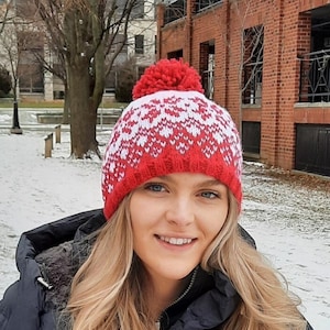 Rebecca Beanie, hat, toque, red and white, adult, beginner knitting pattern, fair isle, norwegian, Icelandic, snowflake, bobble hat image 1