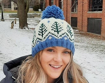 Bianca Beanie, adult hat, touque, knitting pattern, tree design, fair isle, colorwork, stranded knitting, bobble hat, womens, toque