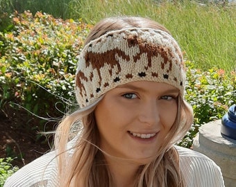 Horse design headband, knitting pattern, earwarm, unisex, women&#39;s, colorwork, stranded knit, animal, horse design, western, cowboy, seamless