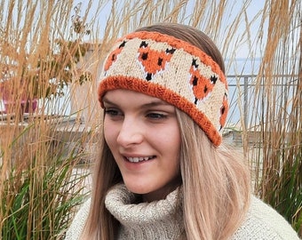 Autumn Fox, headband, ski band, animal, fall, handmade, knitting pattern, colour stranded work, seamless, adult, circular knitting needles