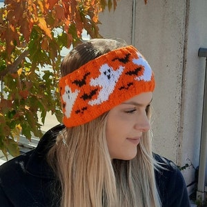 Flying Ghost, halloween, bats, orange black and white, headband, earwarmer, women&#39;s, teens, fairisle, stranded colorwork, circular needles