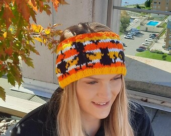 Witches brew, halloween, orange, black, white, headband, witch, bat, cat, bat, headband, earwarmer, stranded colorwork, fair isle, beginner