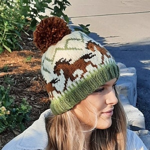 Journey HAT, wild horses running, knitting pattern, hat, beanie, horse, animal, women, mountains, fall design, icelandic, colorworks, toque