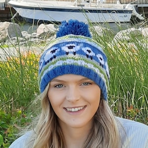 May include: A blue knitted hat with a white pom pom and a pattern of white sheep on a green background.
