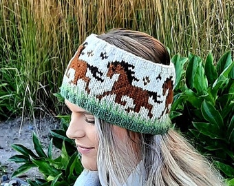 Journey HEADBAND, horses galloping, knitting pattern, earwarmer, animal, mustang, stranded colorwork, fair isle, women's, horse lovers