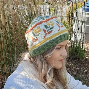 Op de herfst geïnspireerde beanie, breipatroon, volwassene, muts, koksmuts, herfst, dames, gestrande kleuren, fair isle, breikaart, kroonontwerp bovenop