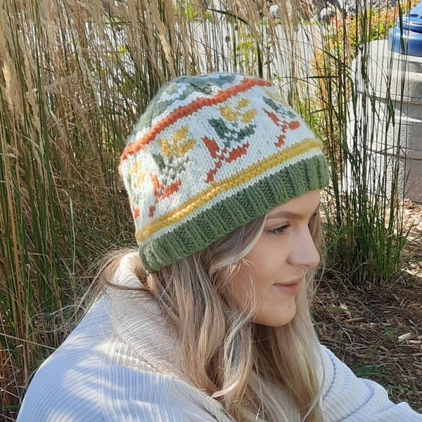 Autumn inspired beanie, knitting pattern, adult, hat, toque, fall, women, stranded colorwork, fair isle, knitting chart, crown design on top